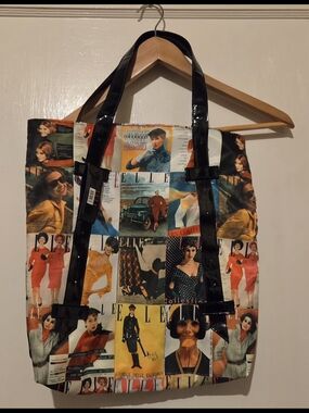 Elle Multicolor Collage Print Tote with Black Patent Handles